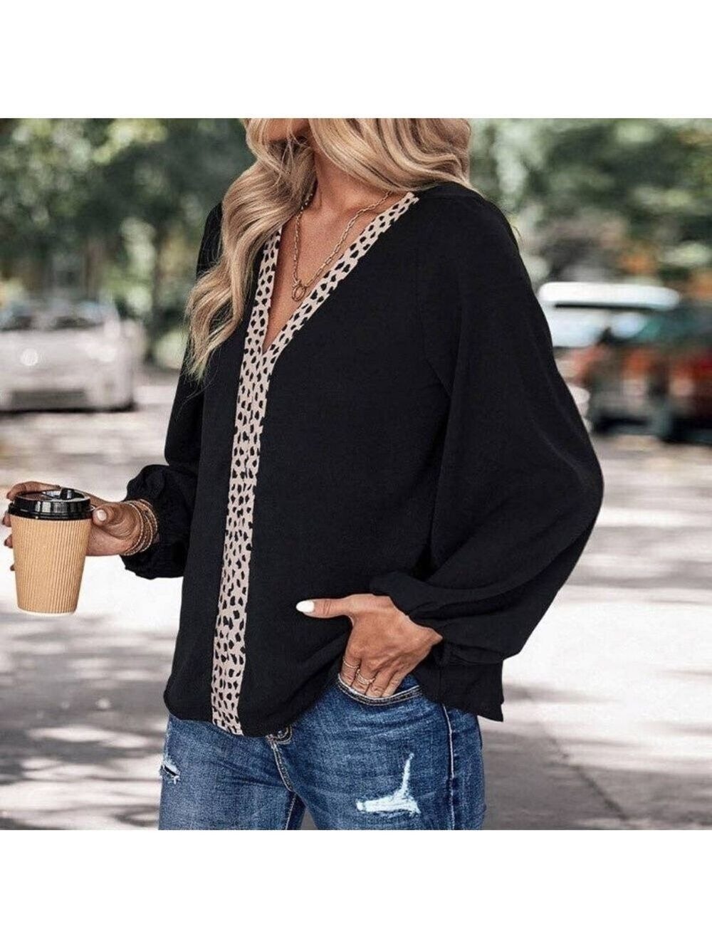 Minimalist Leopard Trim Boxy Blouse Size L & Xl